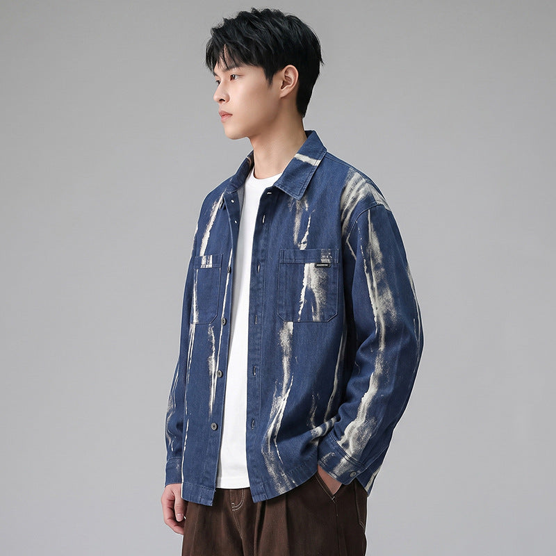 Men's Casual Tie-Dye Long Sleeve Collared Loose Irregular Shirt Jacket