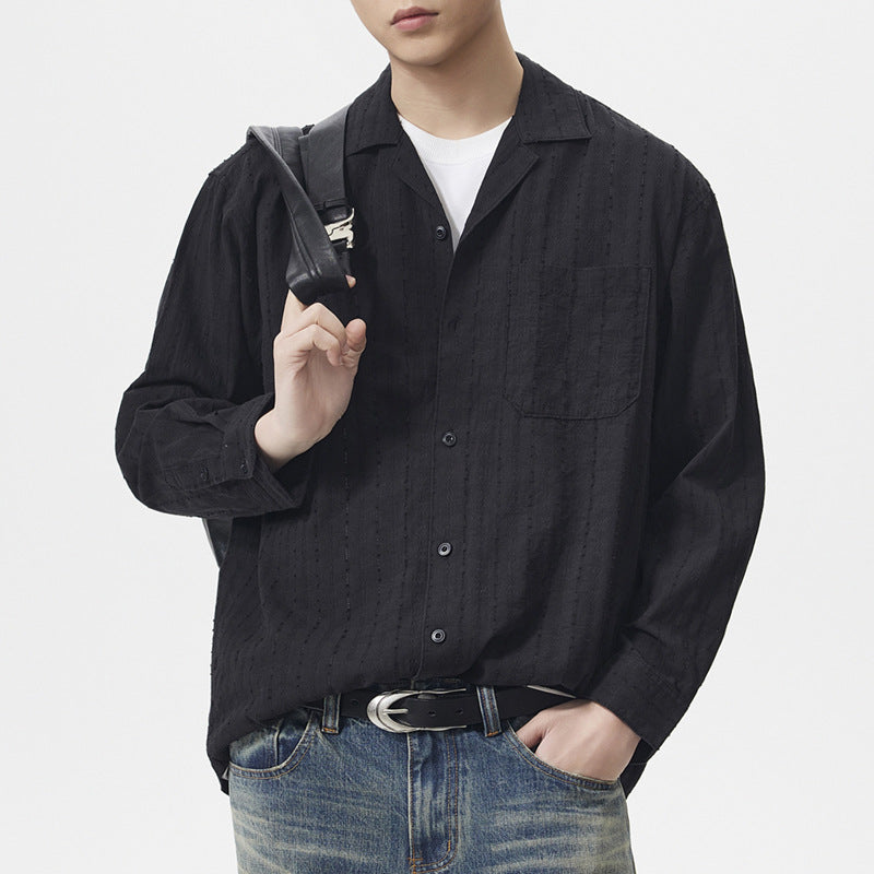 Retro Hollow Out Long Sleeve Cuban Collar Black Shirt for Men