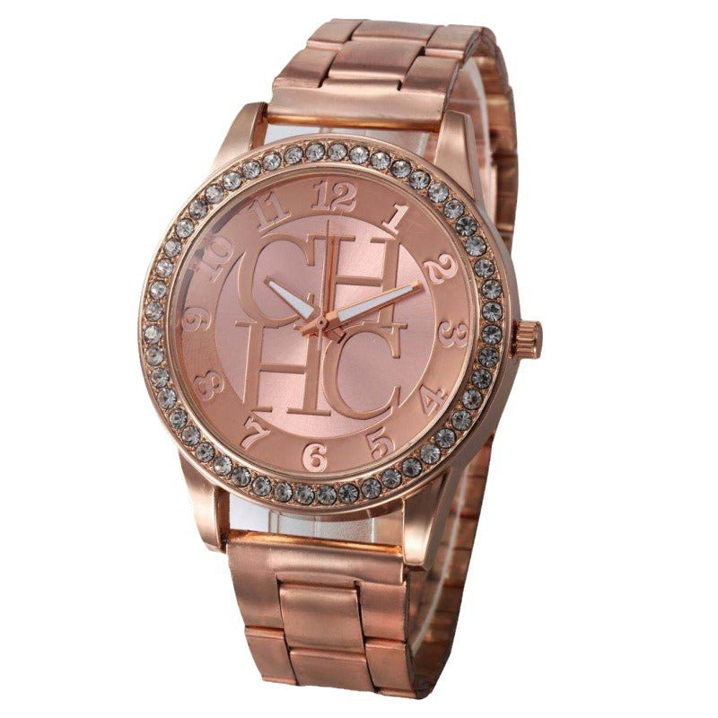 Alloy Diamond-Embedded Men's Wristwatch Fashion Trend Steel Strap Gift Student Watch