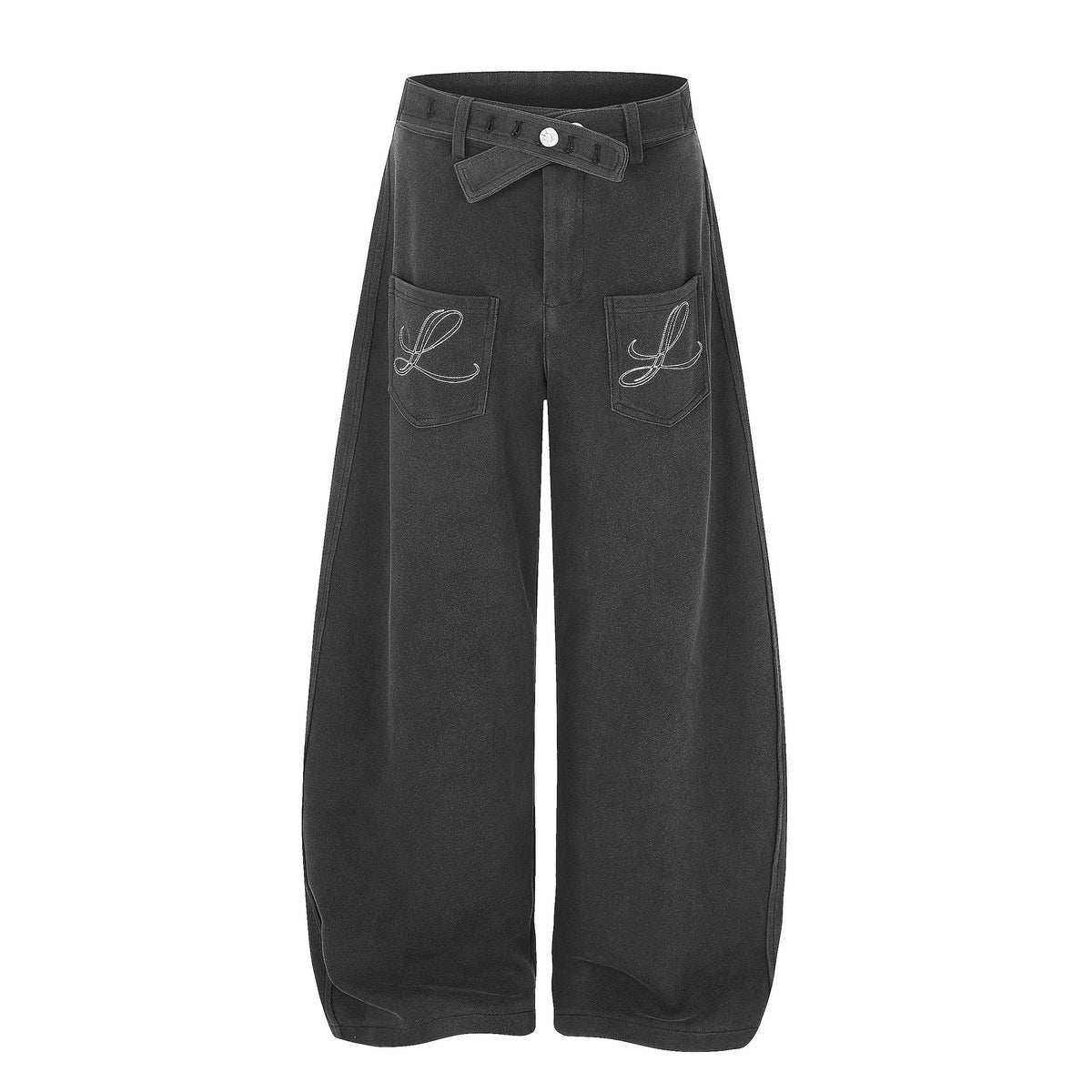 Washed Cross Waist Butterfly Embroidery Wide Leg Pants