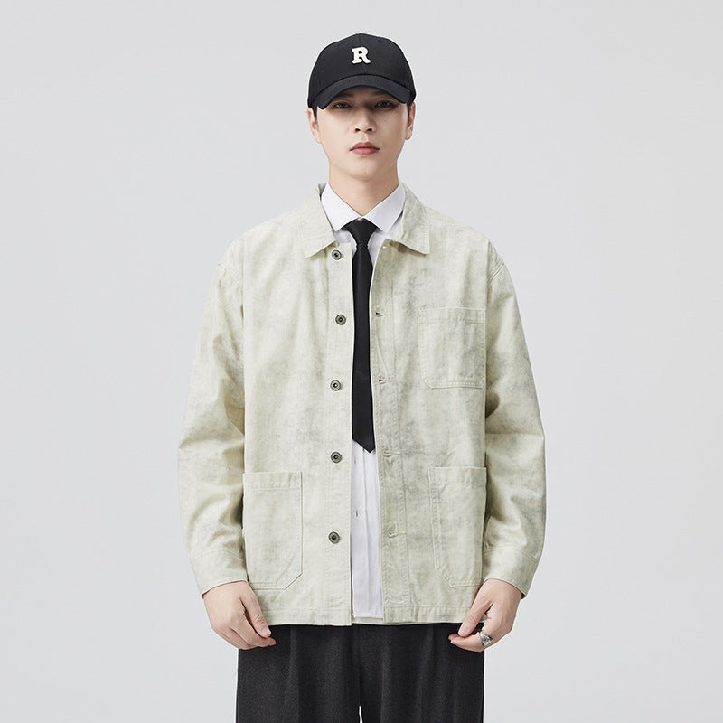 Men's Premium Heavyweight Cotton Workwear Jacket, Loose Fit Plus Size Vintage Washed Collared Shirt Jacket, Fall