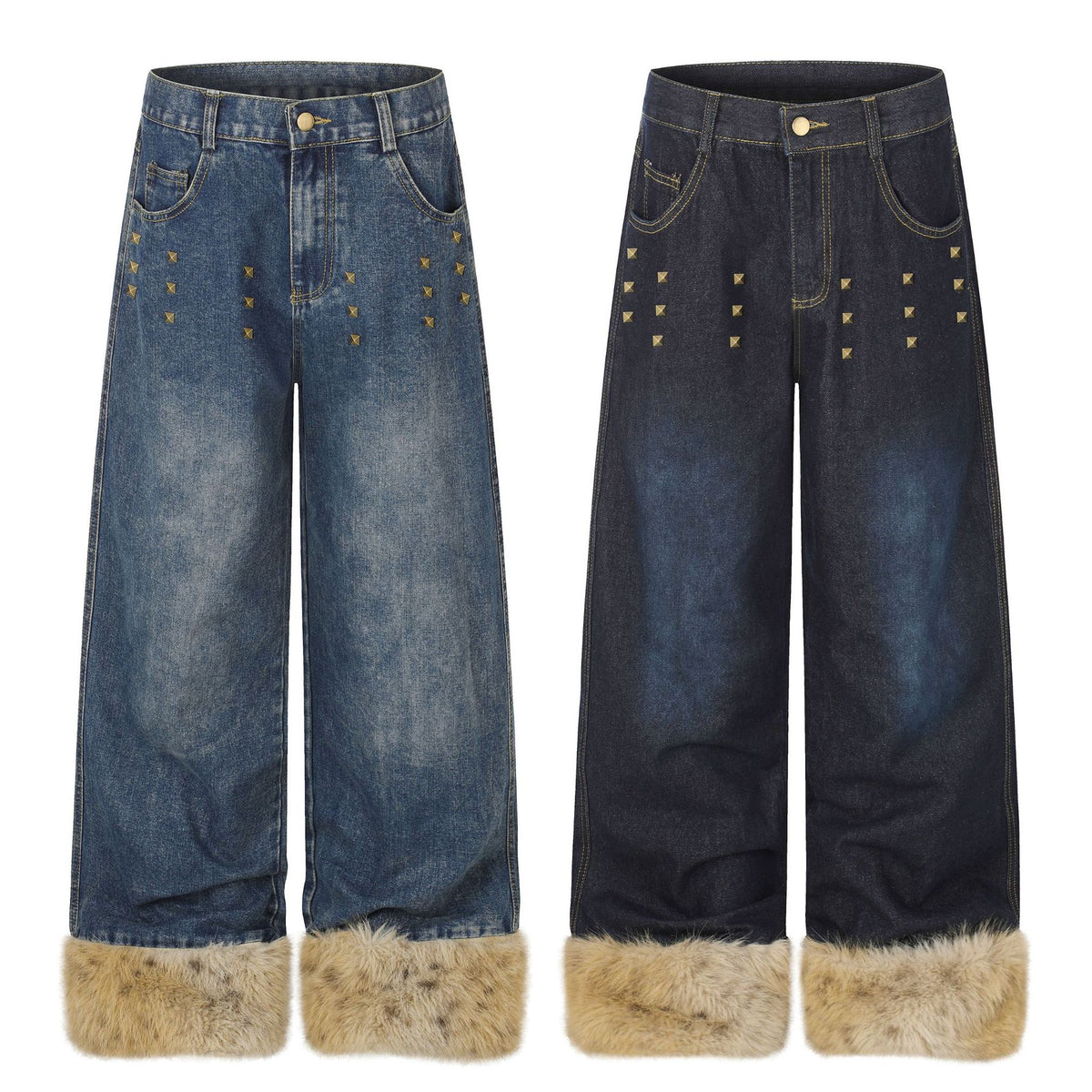 Wide Leg High Waist Washed Distressed Denim Jeans with Rivets and Frayed Hems for Women