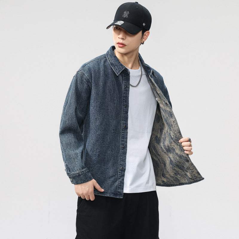 Style Heavyweight Textured Washed Denim Shirt Jacket for Men