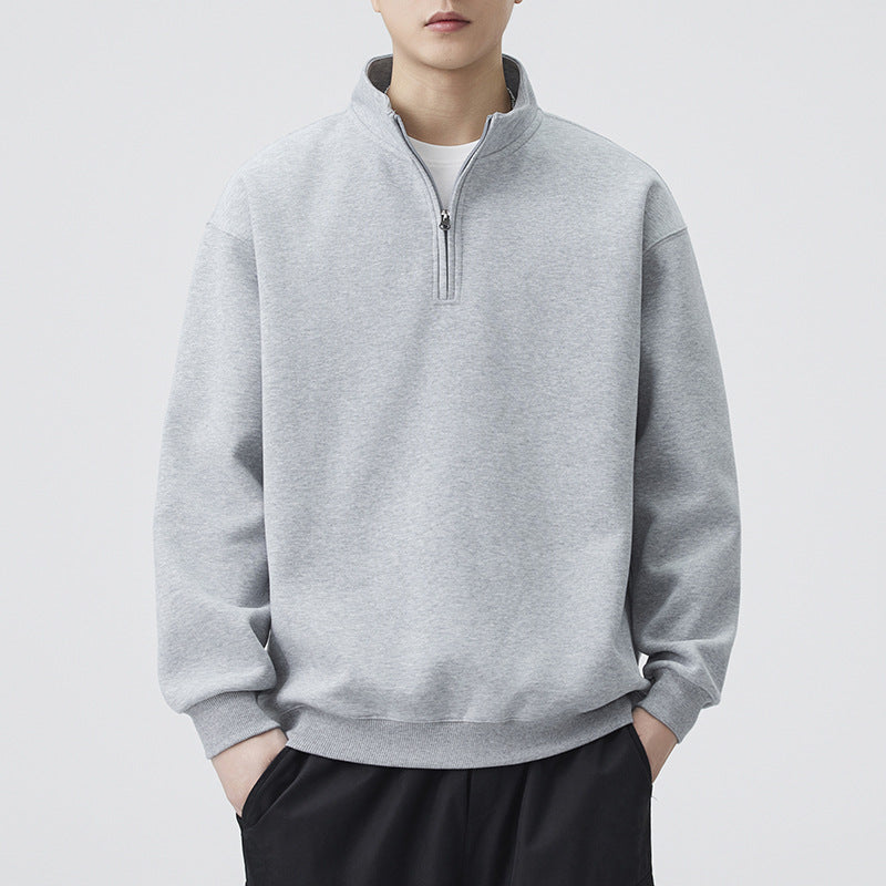 Casual Plain Weave Long Sleeve Half-Zip Stand Collar Heavyweight Rabbit Wool Blend Sweatshirt