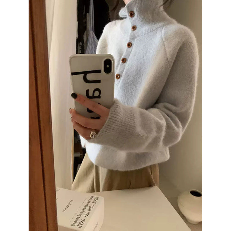 High neck half button pullover sweater for women