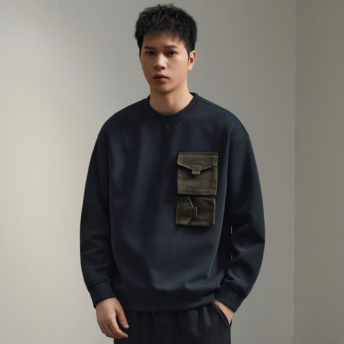 Men'sVintage Color-Block Pocket Sweatshirt Long Sleeve Casual Pullover Top