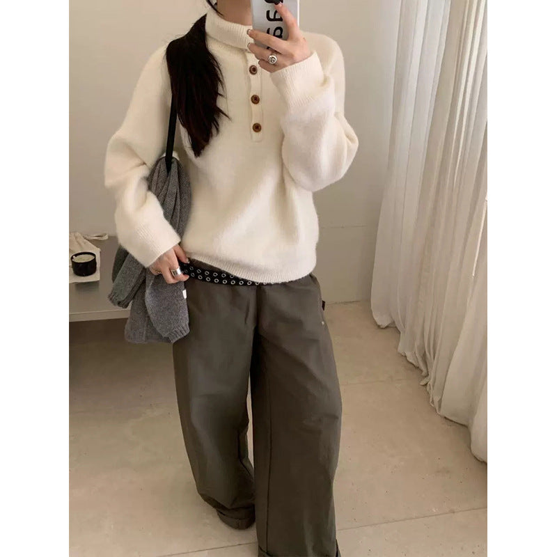High neck half button pullover sweater for women