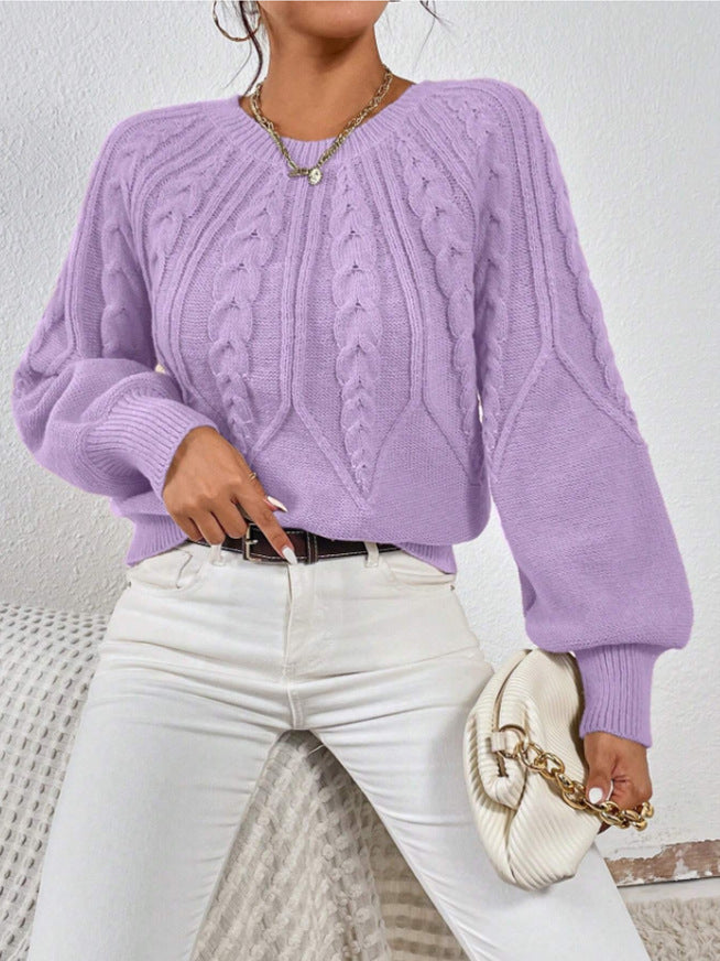 Solid color Fried Dough Twists round neck sweater for women