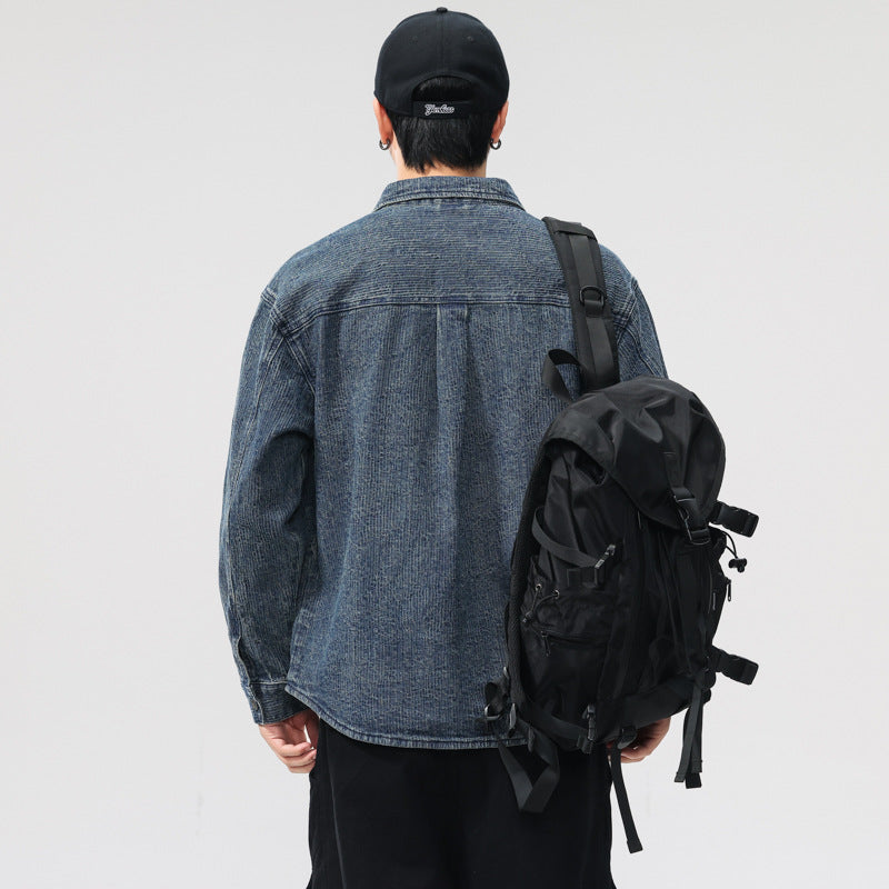 Style Heavyweight Textured Washed Denim Shirt Jacket for Men
