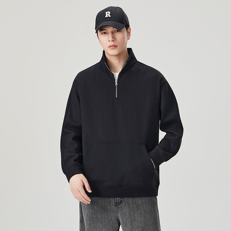 Men's Black Casual Long Sleeve Half Zip Polo Collar Sweatshirt