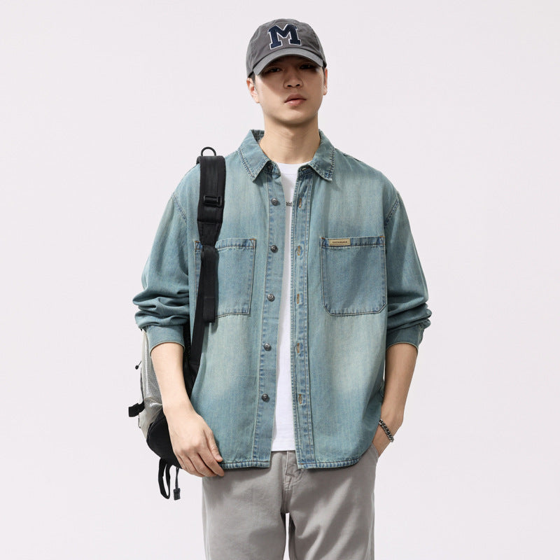 Men's Long Sleeve Tencel Slub Denim Shirt Loose Fit Casual Outerwear