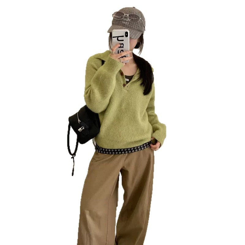High neck half button pullover sweater for women