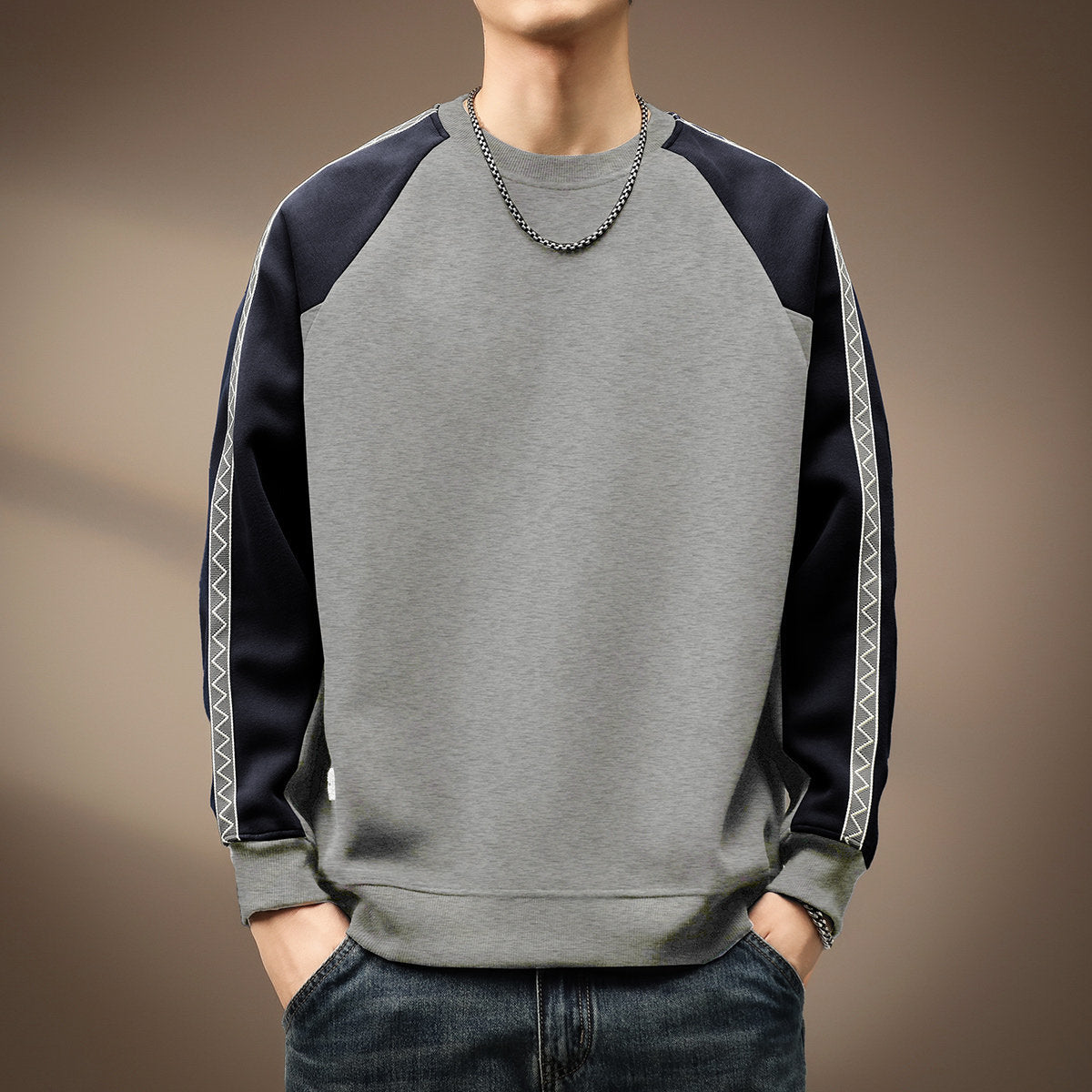 Men's  Casual Color-Block Long Sleeve Crew Neck Sweatshirt