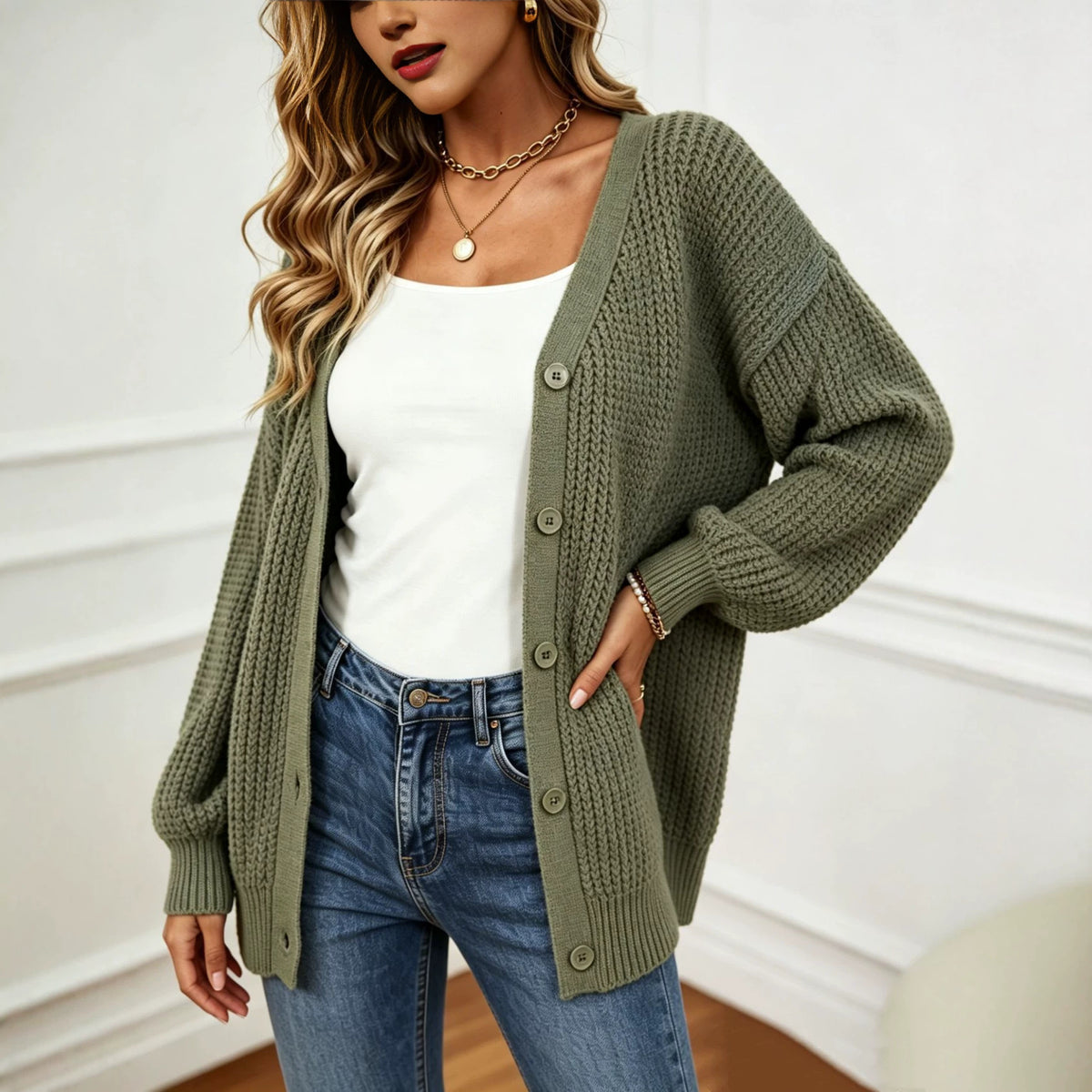 V-neck cardigan single breasted solid color sweater