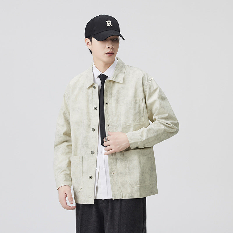 Men's Premium Heavyweight Cotton Workwear Jacket, Loose Fit Plus Size Vintage Washed Collared Shirt Jacket, Fall