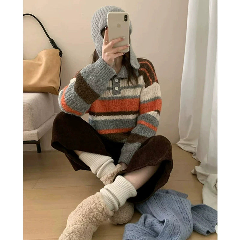 Contrast striped polo collar pullover sweater