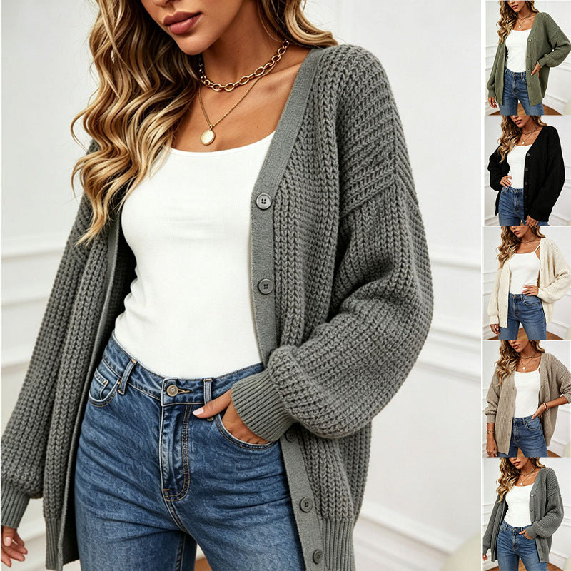 V-neck cardigan single breasted solid color sweater
