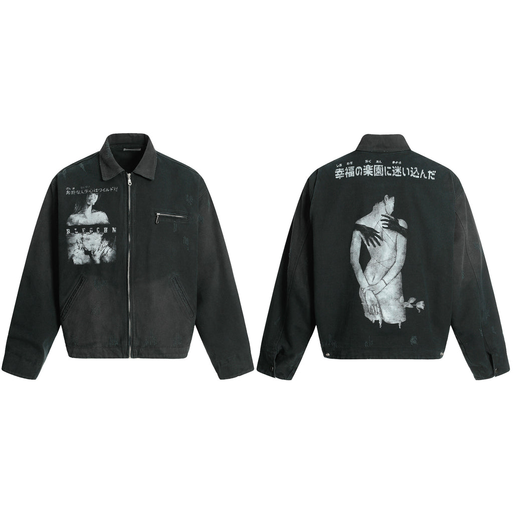Workwear Jacket with Japanese Portrait Print, Zipper Lapel Retro Unisex Outerwear