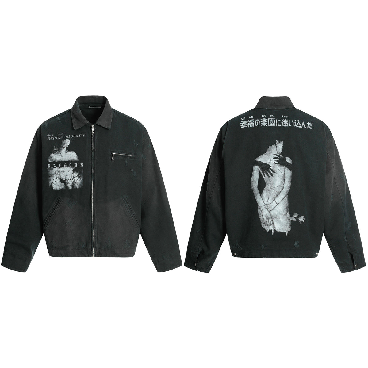 Workwear Jacket with Japanese Portrait Print, Zipper Lapel Retro Unisex Outerwear