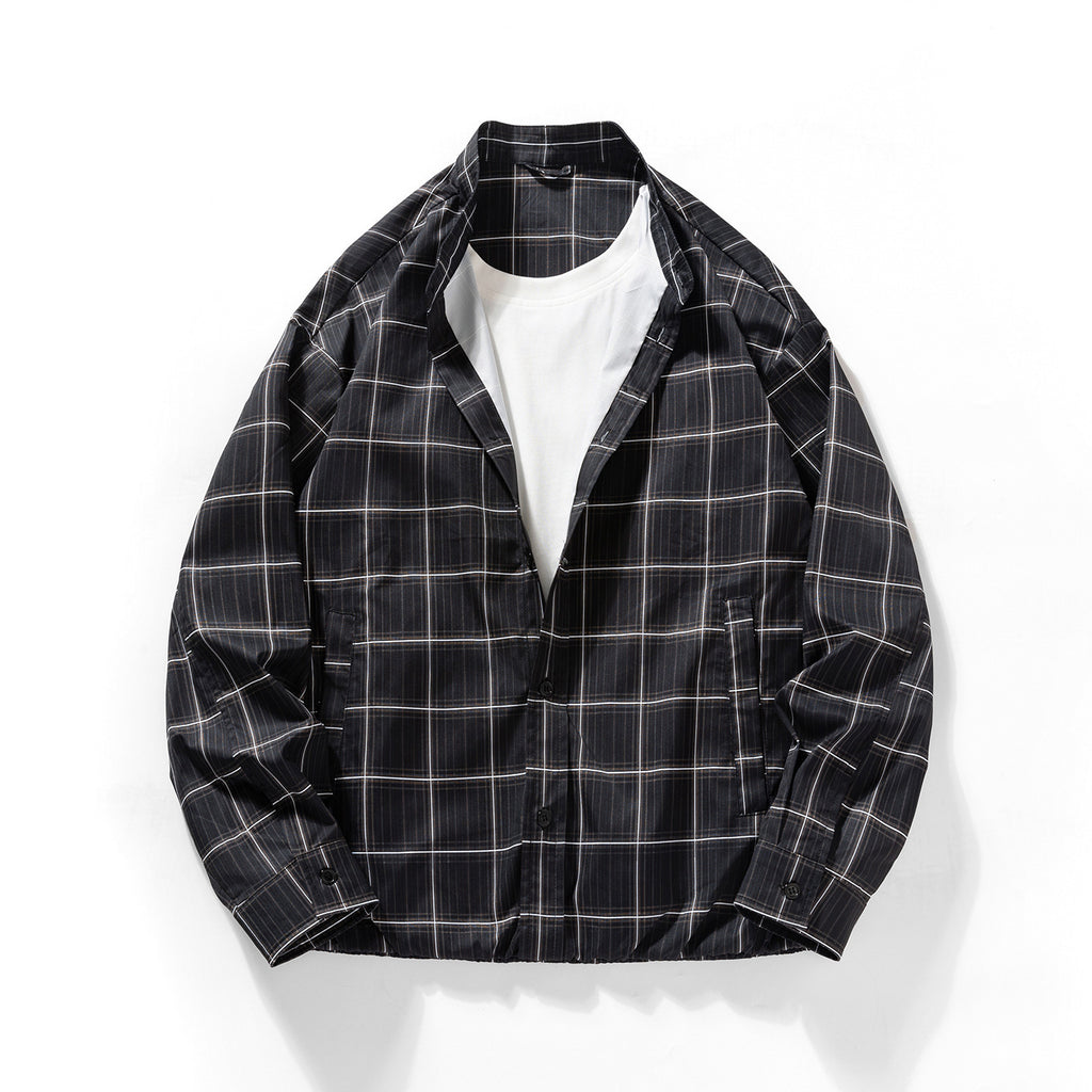 Casual Plaid Long Sleeve Stand Collar Shirt for Men