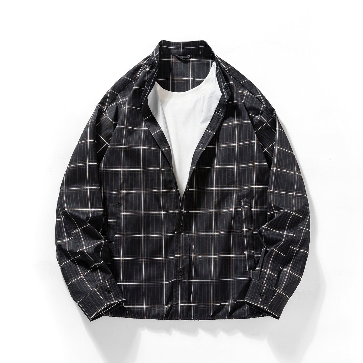 Casual Plaid Long Sleeve Stand Collar Shirt for Men