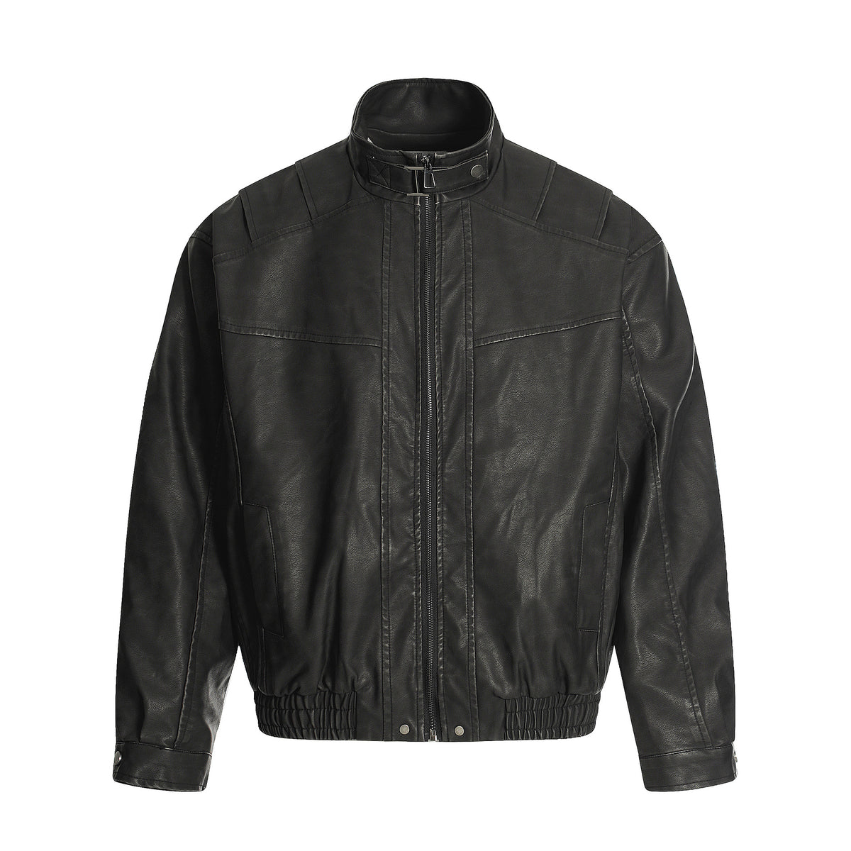 High Street Casual PU Leather Zipper Stand Collar Loose Fit Men's Biker Jacket