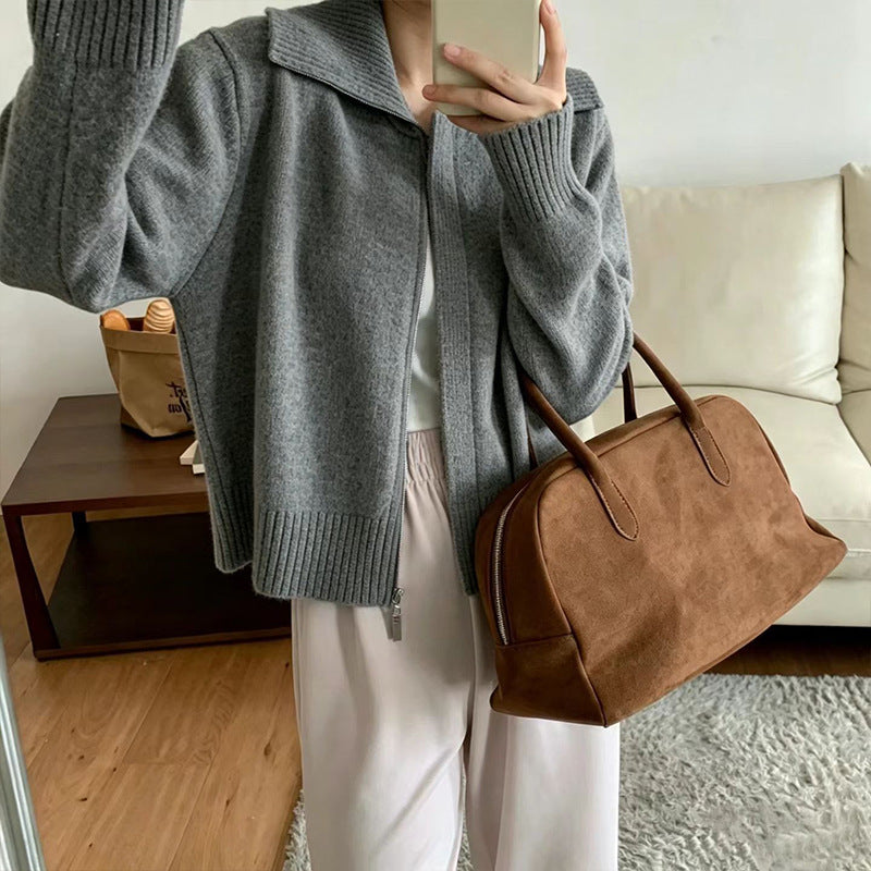 Solid color lapel zipper sweater