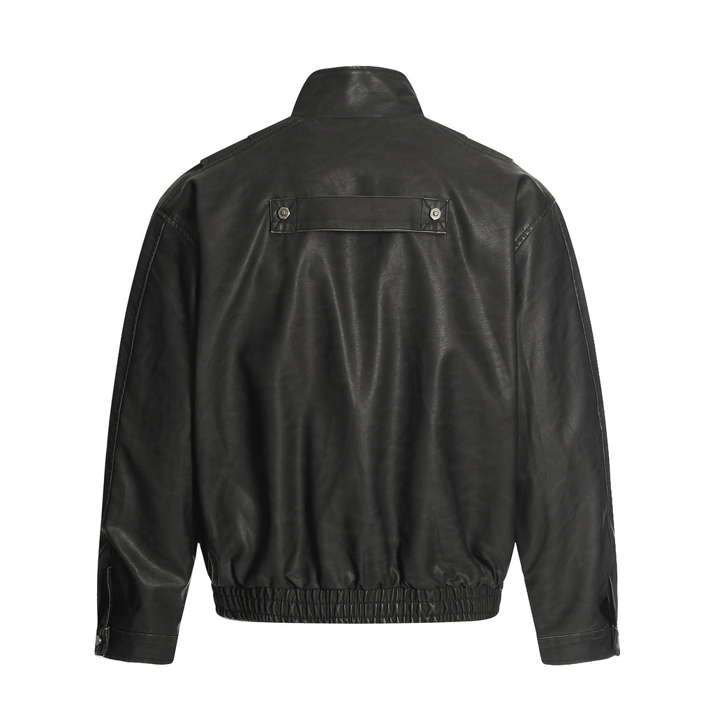High Street Casual PU Leather Zipper Stand Collar Loose Fit Men's Biker Jacket
