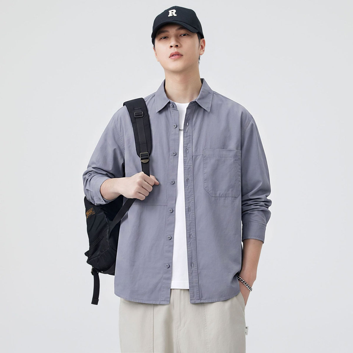 Men's Casual Solid Color Long Sleeve Loose Fit Cotton Shirt