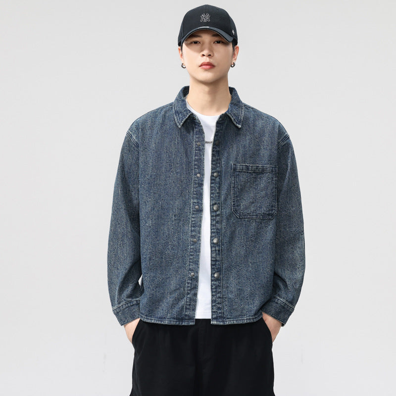 Style Heavyweight Textured Washed Denim Shirt Jacket for Men
