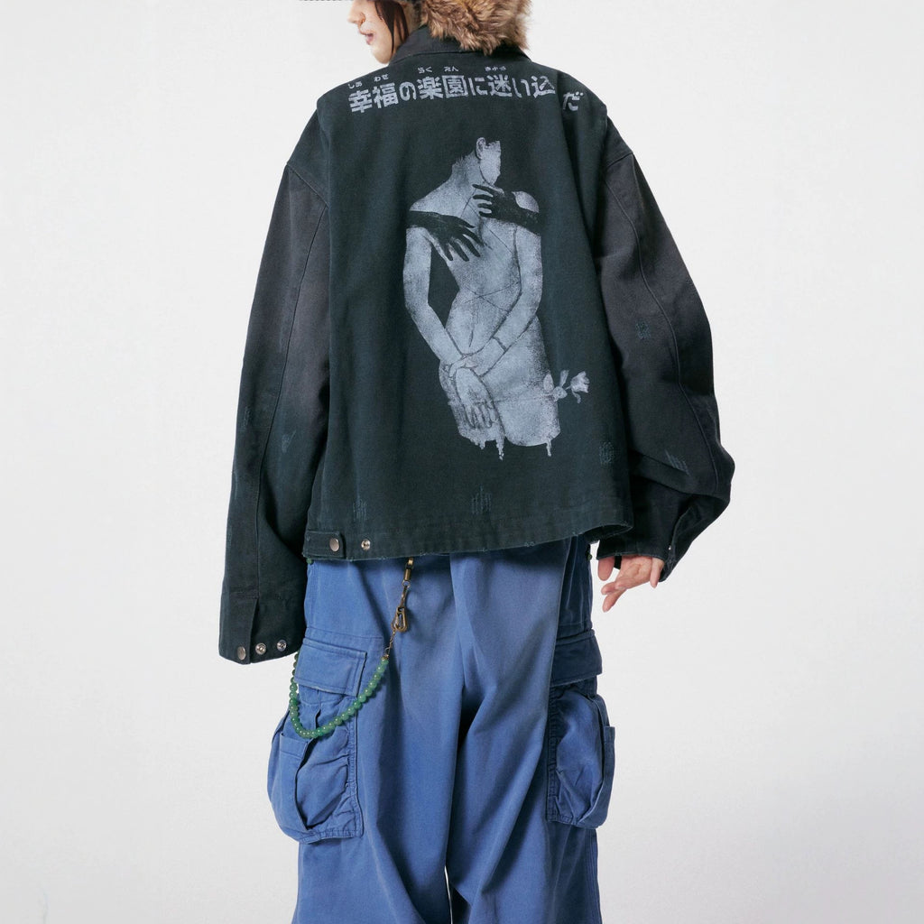 Workwear Jacket with Japanese Portrait Print, Zipper Lapel Retro Unisex Outerwear