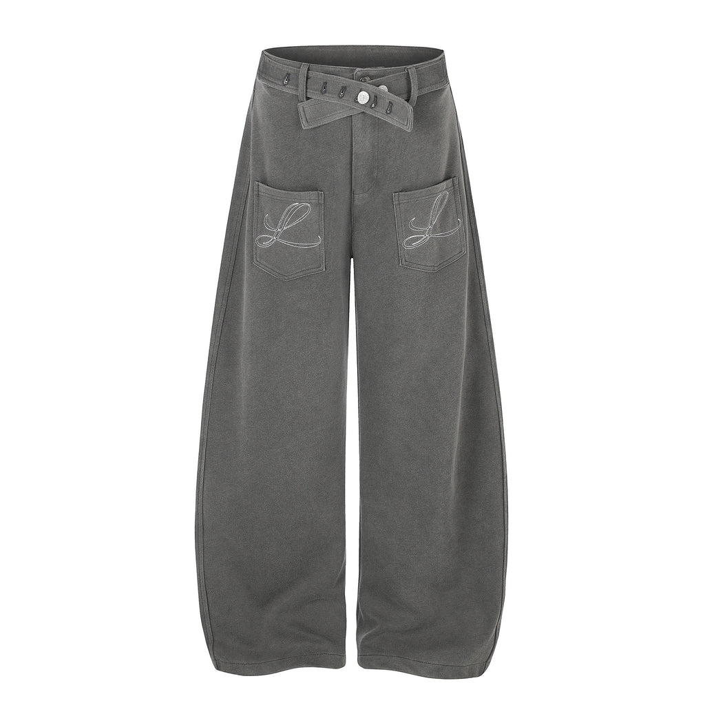 Washed Cross Waist Butterfly Embroidery Wide Leg Pants