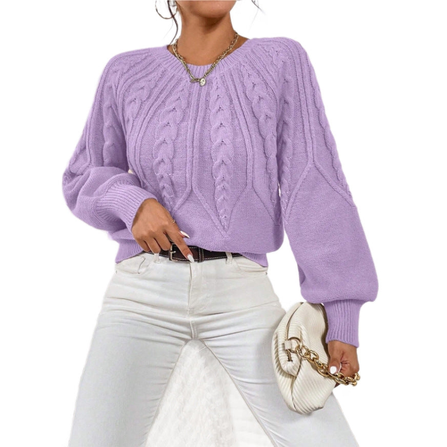 Solid color Fried Dough Twists round neck sweater for women