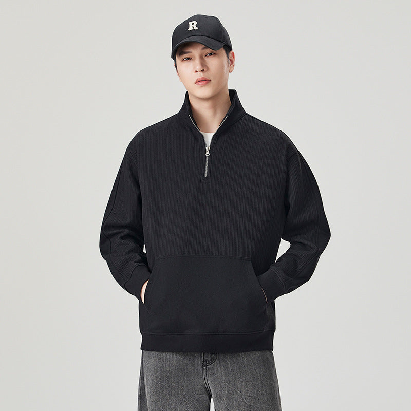 Men's Black Casual Long Sleeve Half Zip Polo Collar Sweatshirt