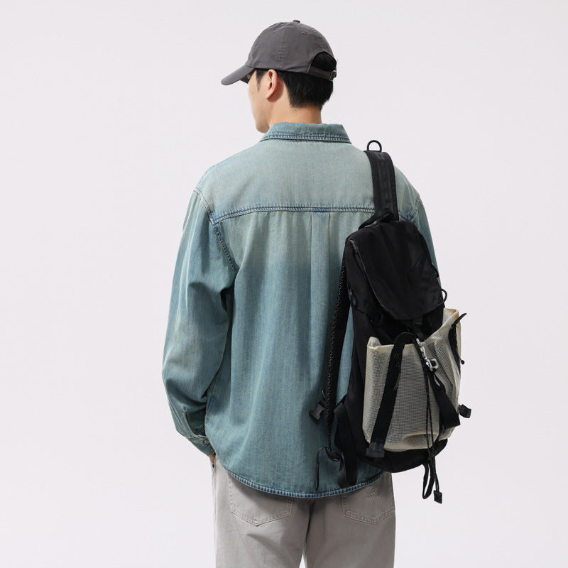 Men's Long Sleeve Tencel Slub Denim Shirt Loose Fit Casual Outerwear