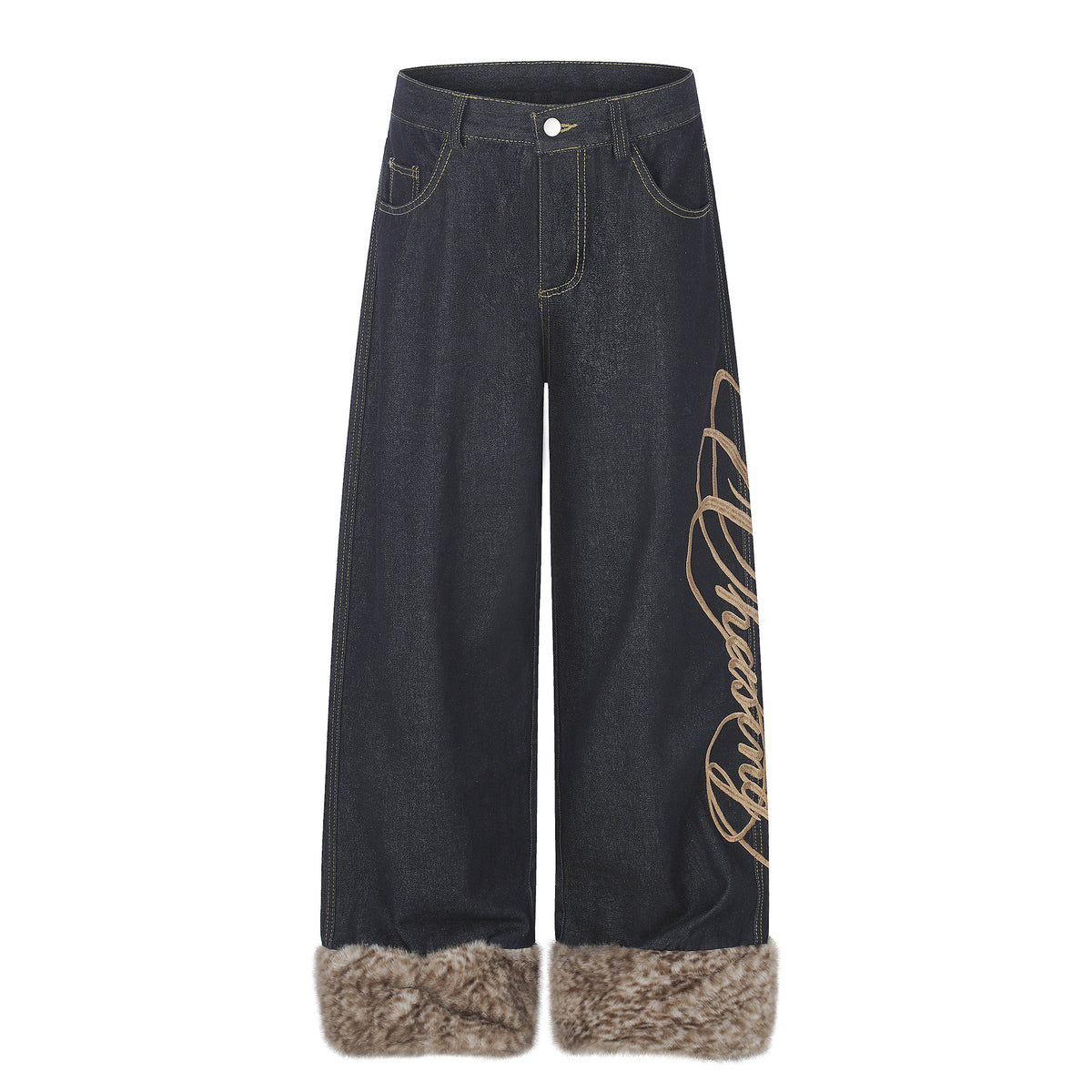 High Street Wide Leg Denim Jeans with Embroidery and Raw Hem