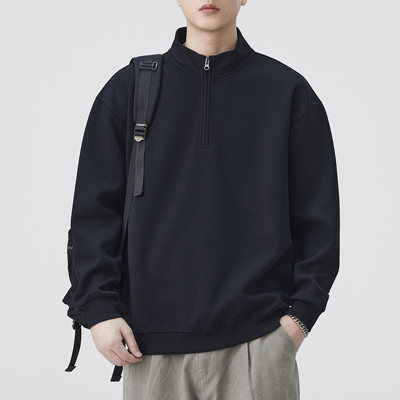 Casual Plain Weave Long Sleeve Half-Zip Stand Collar Heavyweight Rabbit Wool Blend Sweatshirt