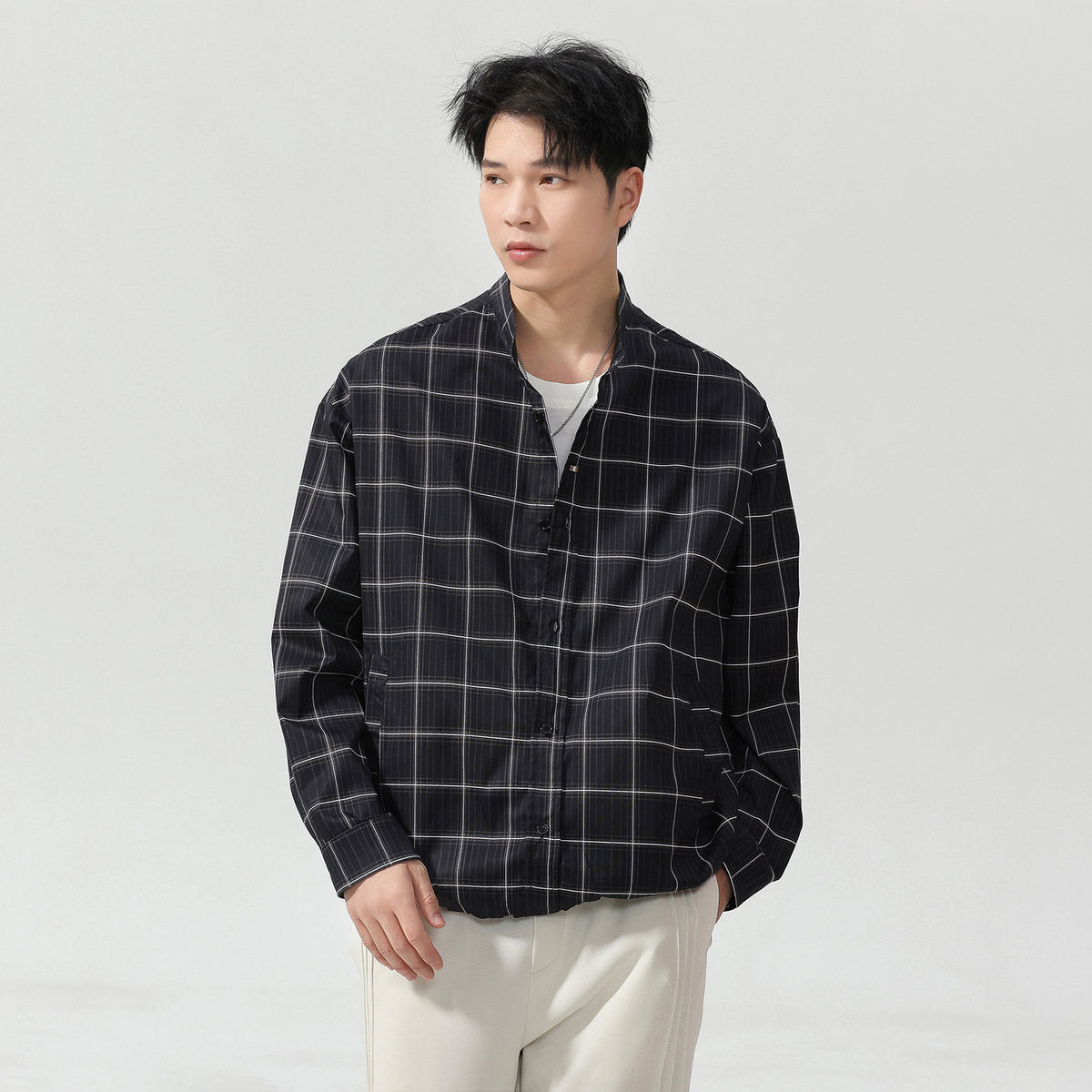 Casual Plaid Long Sleeve Stand Collar Shirt for Men