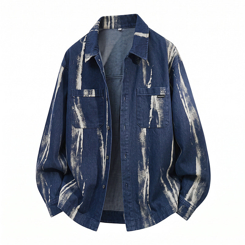 Men's Casual Tie-Dye Long Sleeve Collared Loose Irregular Shirt Jacket