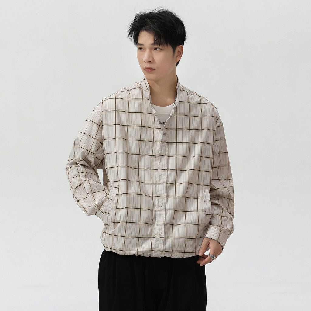 Casual Plaid Long Sleeve Stand Collar Shirt for Men