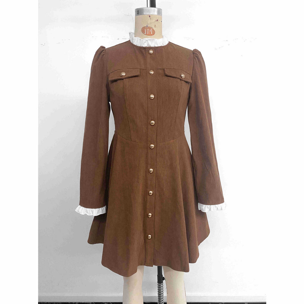 Elegant Tailored Corduroy Long Sleeve Ruffle Short Dress