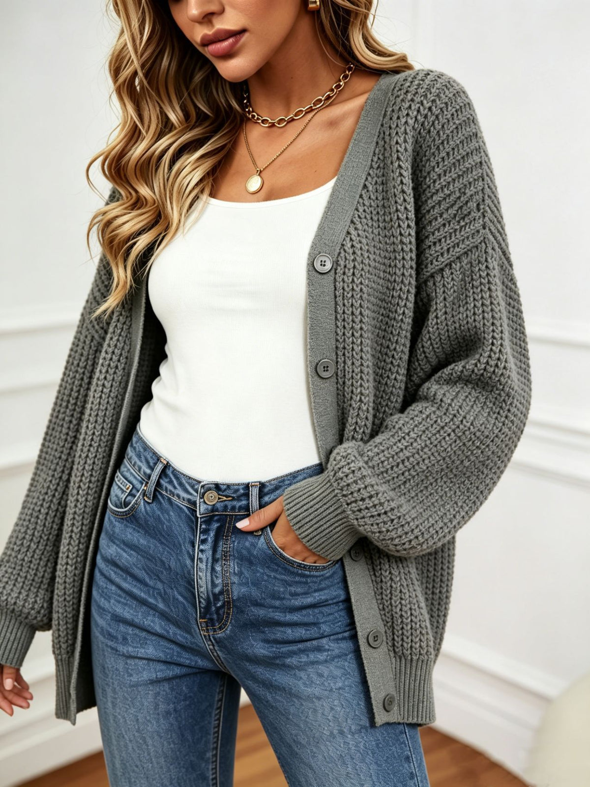 V-neck cardigan single breasted solid color sweater