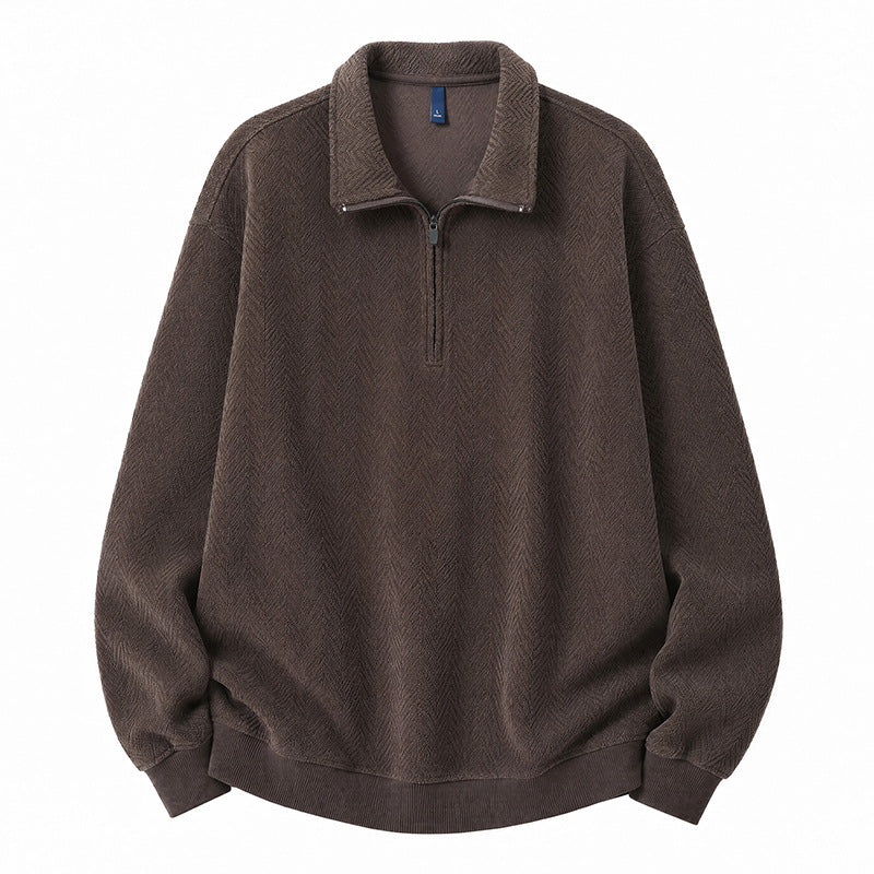 Premium Textured Half-High Neck Zip-Up Hoodie Men Heavyweight Trendy Sweatshirt Large Size Spring Autumn