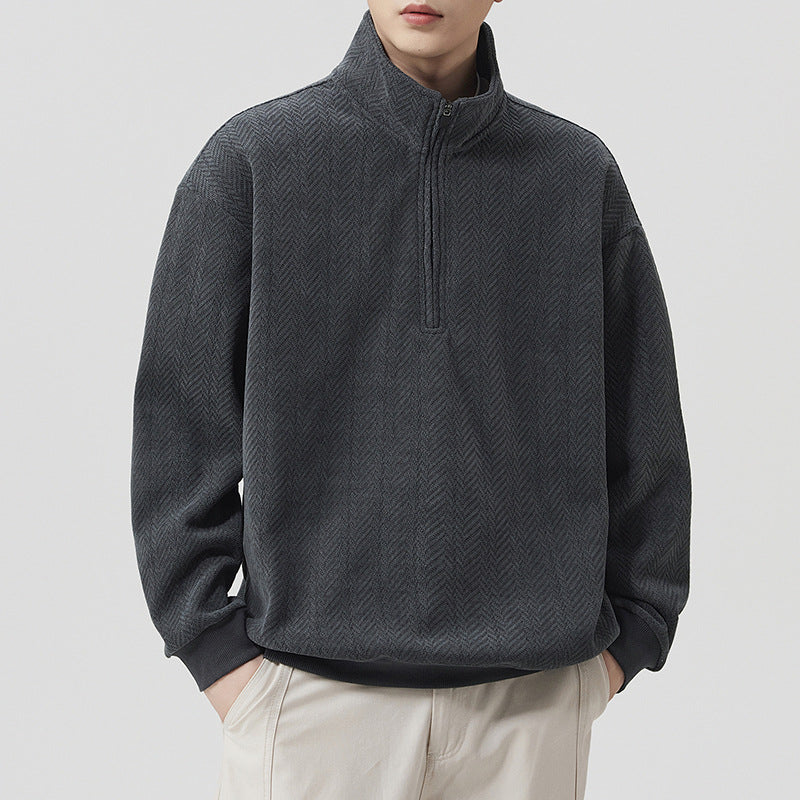 Premium Textured Half-High Neck Zip-Up Hoodie Men Heavyweight Trendy Sweatshirt Large Size Spring Autumn