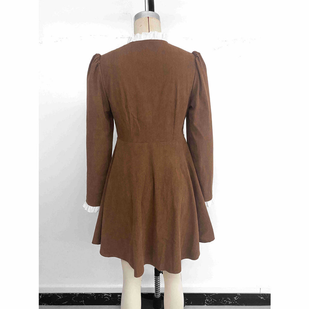 Elegant Tailored Corduroy Long Sleeve Ruffle Short Dress