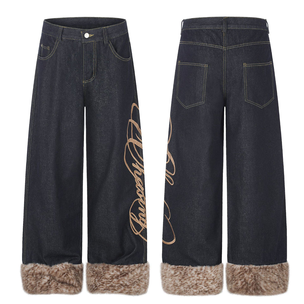 High Street Wide Leg Denim Jeans with Embroidery and Raw Hem