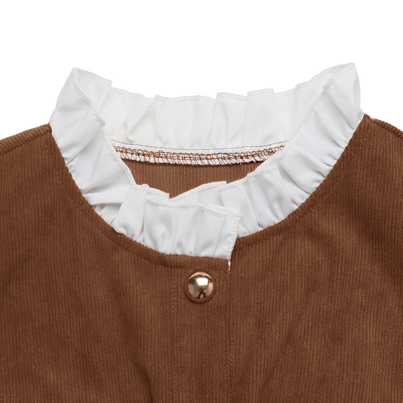 Elegant Tailored Corduroy Long Sleeve Ruffle Short Dress
