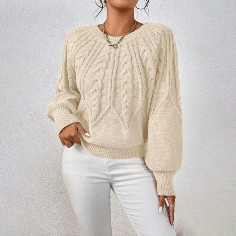 Solid color Fried Dough Twists round neck sweater for women