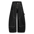 Deconstructed Cargo Denim Jeans Unisex Contrast Stitching Wide Leg Loose Pants with Buckle Belt