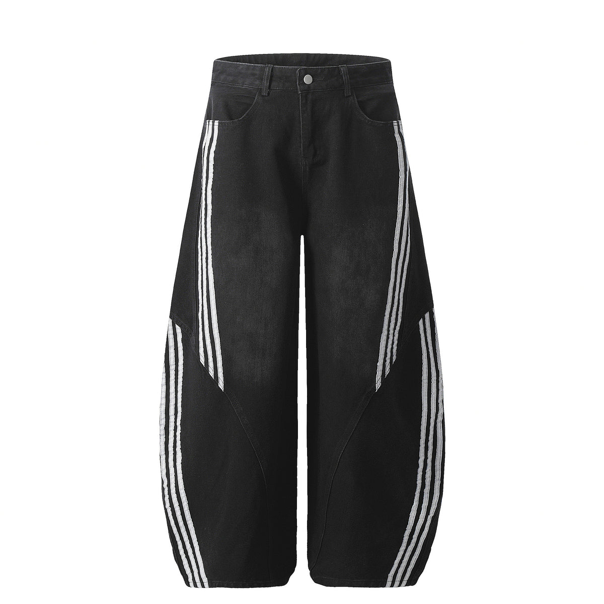 Washed Distressed Unisex Jeans Side Webbing Striped Oversized Wide Leg Tapered Pants